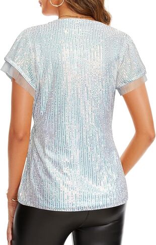 بلوزة نسائية من Genhoo ذات ترتر لامع وأكمام قصيرة مكشكشة ورقبة على شكل حرف V ملفوفة لامعة للحفلات المسائية وحفلات الكوكتيل in Kuwait