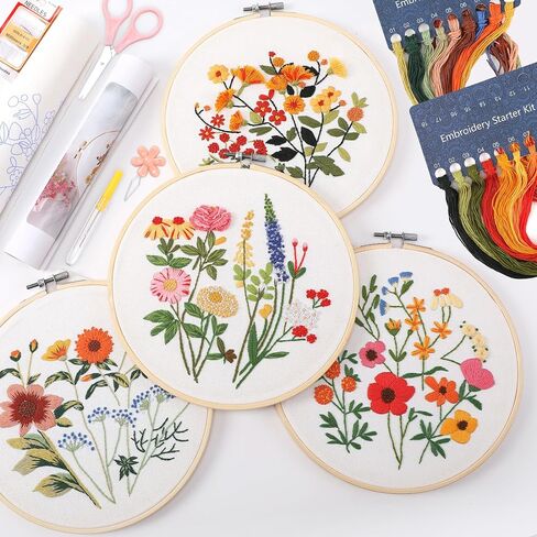 VIVIDOX 4 Sets Embroidery Kit for Beginners with Stitch Video, Flower Cross Stitch Kits for Adults, Starter, Hand Craft Lover Practice with Floral Stamped Pattern, 2 Hoops, 16 Needles, Scissors, Tools in Saudi Arabia