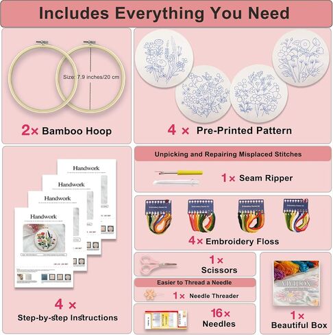 VIVIDOX 4 Sets Embroidery Kit for Beginners with Stitch Video, Flower Cross Stitch Kits for Adults, Starter, Hand Craft Lover Practice with Floral Stamped Pattern, 2 Hoops, 16 Needles, Scissors, Tools in Saudi Arabia