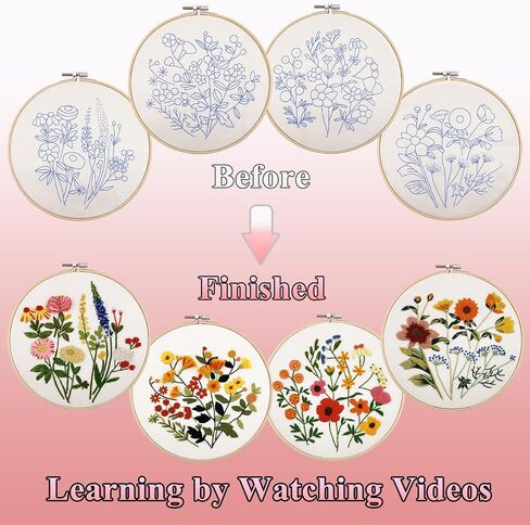 VIVIDOX 4 Sets Embroidery Kit for Beginners with Stitch Video, Flower Cross Stitch Kits for Adults, Starter, Hand Craft Lover Practice with Floral Stamped Pattern, 2 Hoops, 16 Needles, Scissors, Tools in Saudi Arabia