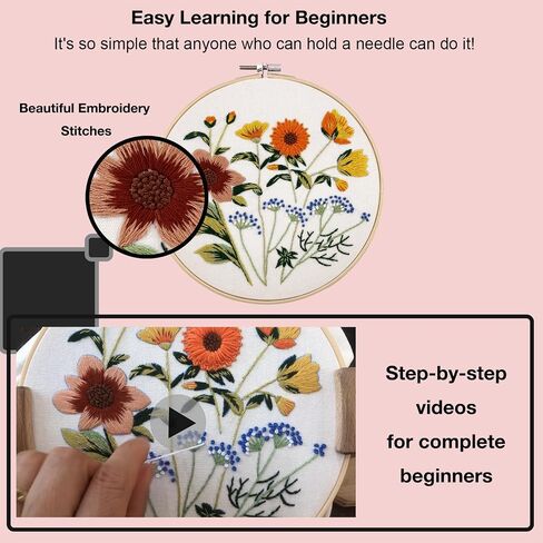 VIVIDOX 4 Sets Embroidery Kit for Beginners with Stitch Video, Flower Cross Stitch Kits for Adults, Starter, Hand Craft Lover Practice with Floral Stamped Pattern, 2 Hoops, 16 Needles, Scissors, Tools in Saudi Arabia