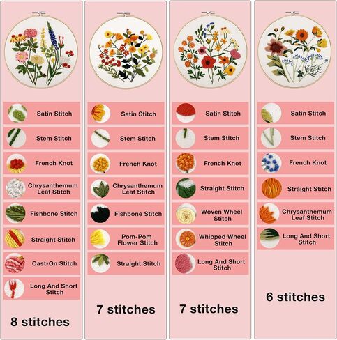 VIVIDOX 4 Sets Embroidery Kit for Beginners with Stitch Video, Flower Cross Stitch Kits for Adults, Starter, Hand Craft Lover Practice with Floral Stamped Pattern, 2 Hoops, 16 Needles, Scissors, Tools in Saudi Arabia