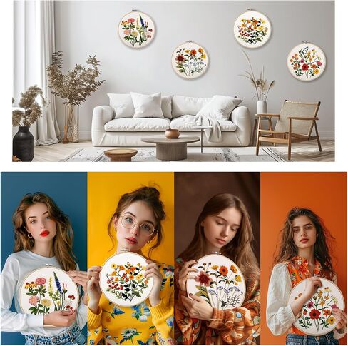 VIVIDOX 4 Sets Embroidery Kit for Beginners with Stitch Video, Flower Cross Stitch Kits for Adults, Starter, Hand Craft Lover Practice with Floral Stamped Pattern, 2 Hoops, 16 Needles, Scissors, Tools in Saudi Arabia