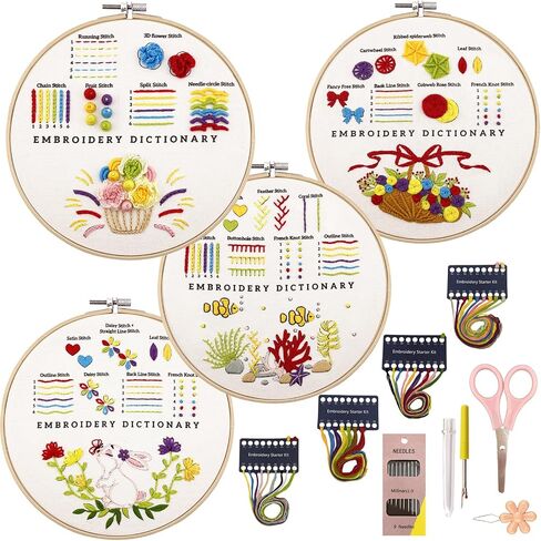 VIVIDOX 4 Sets Embroidery Kit for Beginners with Stitch Video, Flower Cross Stitch Kits for Adults, Starter, Hand Craft Lover Practice with Floral Stamped Pattern, 2 Hoops, 16 Needles, Scissors, Tools in Saudi Arabia