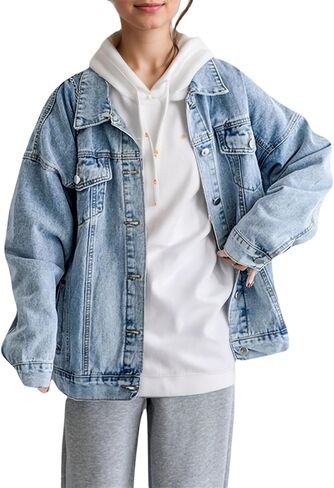 LifeShe Oversized Denim Jacket Women Boyfriend Long Jean Jacket Fall Loose Shacket Trucker Coats in Saudi Arabia