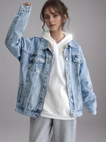 LifeShe Oversized Denim Jacket Women Boyfriend Long Jean Jacket Fall Loose Shacket Trucker Coats in Saudi Arabia