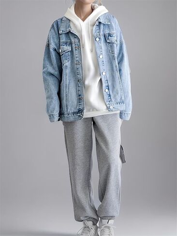 LifeShe Oversized Denim Jacket Women Boyfriend Long Jean Jacket Fall Loose Shacket Trucker Coats in Saudi Arabia