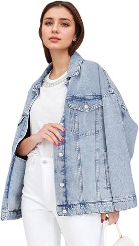 LifeShe Oversized Denim Jacket Women Boyfriend Long Jean Jacket Fall Loose Shacket Trucker Coats in Saudi Arabia