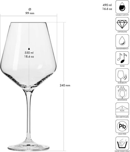 مجموعة كؤوس النبيذ الأحمر الكلاسيكية من كروسنو مكونة من 6 قطع، 16.6 أونصة، مجموعة Avant-Garde، حافة طويلة من الزجاج الكريستالي رفيعة وجذع طويل أنيق فريد من نوعه، آمن للاستخدام في غسالة الأطباق، صنع في أوروبا in Kuwait