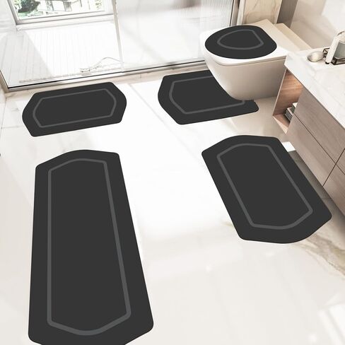 Schweek Bath Mat Rug Sets 5 Piece, Super Absorbent Quick Dry Bathroom Rugs Sets Non Slip Rubber Bath Mats Fit Under Door Thin Floor Mat U Shape Toilet Mats Set for Bathroom Bathtub Sink in Saudi Arabia