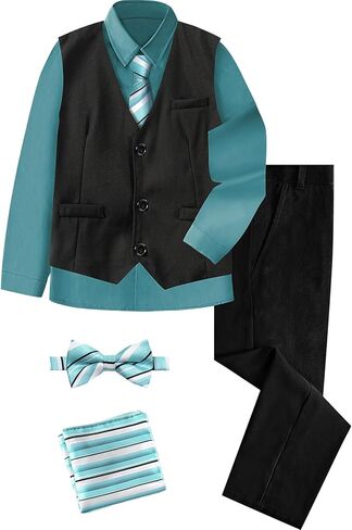 A&J DESIGN Boys 6-Piece Formal Suit Vest and Pant Set with Dress Shirts, Vest, Pants, Tie, Bowtie and Pocket Square in Kuwait