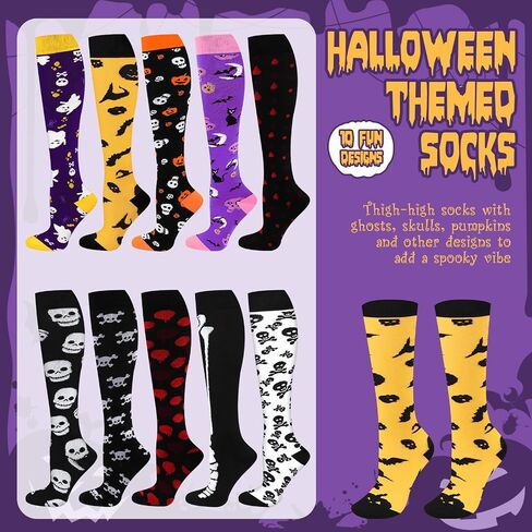 Coume 10 Pairs Halloween High Socks Thigh High Long Stockings, Women Over Knee Stockings Leg Warmer Stockings, Holiday Socks for Halloween Costume Cosplay Party, Multicolor in Saudi Arabia