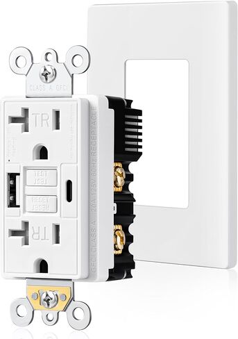 SURAIELEC 15 Amp GFCI Outlet with USB-C & USB-A Ports, Self-Test GFI Electrical Outlet, Tamper-Resistant, Screwless Wall Plate Included, Thinner Design GFCI USB Outlet, ETL Listed, White, 1-Pack in Saudi Arabia