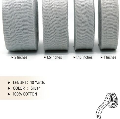 1" & 1.18" & 1.5'' & 2" Cotton Twill Tape - 10 Yards - 50+ Colors -%100 Natural Cotton 1 Inch 1.5 Inch 2 Inch Herringbone Bias Binding Cotton Tape Trim for Sewing Wrapping Craft DIY 10573 (Silver)… in Kuwait