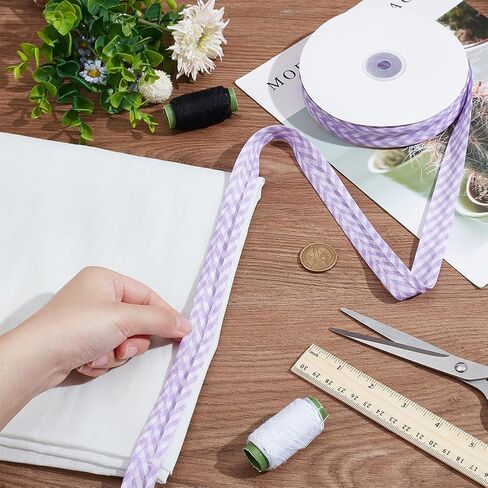 NBEADS 40 Yards Double Fold Bias Tape, 0.8 Inch Gingham Bias Binding Tape Polyester Pre-fold Bulk Bias Tape for Sewing Seaming Hemming Piping Quilting, Lilac in Kuwait