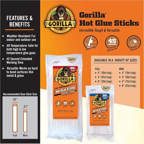 Gorilla Hot Glue Sticks, Mini Size, 4" Long x .27" Diameter, 10 Count, Clear, (Pack of 1) in Saudi Arabia