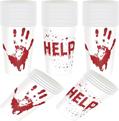 50 Pcs Halloween Blood Printed Paper Cup, Disposable Bloody Handprint Party Cups, Scary Printed Drinking Cups for Halloween Themed Party Supplies Soda Juice Drinks (50, Halloween - A) in Saudi Arabia