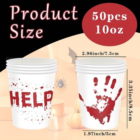 50 Pcs Halloween Blood Printed Paper Cup, Disposable Bloody Handprint Party Cups, Scary Printed Drinking Cups for Halloween Themed Party Supplies Soda Juice Drinks (50, Halloween - A) in Saudi Arabia