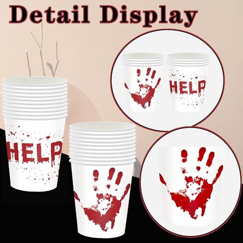 50 Pcs Halloween Blood Printed Paper Cup, Disposable Bloody Handprint Party Cups, Scary Printed Drinking Cups for Halloween Themed Party Supplies Soda Juice Drinks (50, Halloween - A) in Saudi Arabia