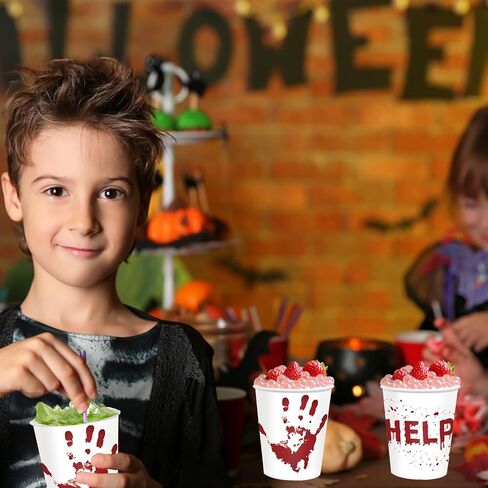 50 Pcs Halloween Blood Printed Paper Cup, Disposable Bloody Handprint Party Cups, Scary Printed Drinking Cups for Halloween Themed Party Supplies Soda Juice Drinks (50, Halloween - A) in Saudi Arabia
