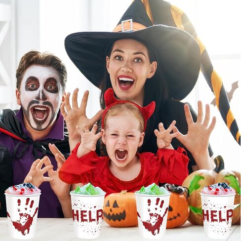 50 Pcs Halloween Blood Printed Paper Cup, Disposable Bloody Handprint Party Cups, Scary Printed Drinking Cups for Halloween Themed Party Supplies Soda Juice Drinks (50, Halloween - A) in Saudi Arabia