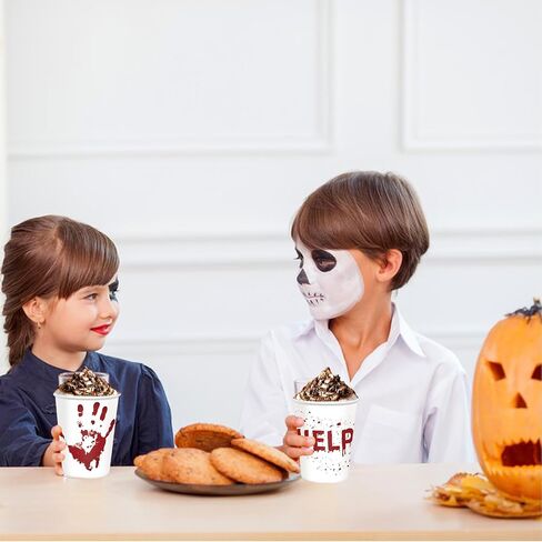 50 Pcs Halloween Blood Printed Paper Cup, Disposable Bloody Handprint Party Cups, Scary Printed Drinking Cups for Halloween Themed Party Supplies Soda Juice Drinks (50, Halloween - A) in Saudi Arabia