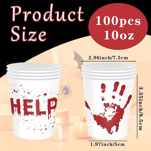 50 Pcs Halloween Blood Printed Paper Cup, Disposable Bloody Handprint Party Cups, Scary Printed Drinking Cups for Halloween Themed Party Supplies Soda Juice Drinks (50, Halloween - A) in Saudi Arabia