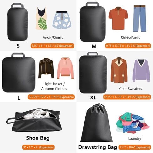 Packing Cubes for Travel, 6 Set Lightweight Compression Travel Bags - Luggage Suitcase Organizer Travel Essentials, Expandable Packing Cubes Organizer for Carry on Suitcases,Black in Saudi Arabia