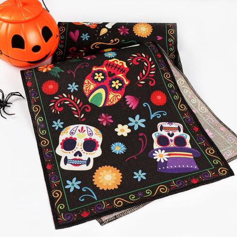 OurWarm Halloween Table Runner 72 Inches Long, Vintage Skull Bat Black Burlap Halloween Table Runners Skeleton Burlap Day of Dead Table Decor for Kitchen Holiday Indoor Home Party in Saudi Arabia