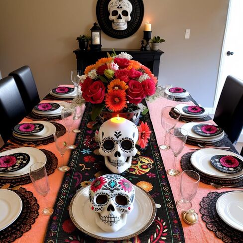 OurWarm Halloween Table Runner 72 Inches Long, Vintage Skull Bat Black Burlap Halloween Table Runners Skeleton Burlap Day of Dead Table Decor for Kitchen Holiday Indoor Home Party in Saudi Arabia