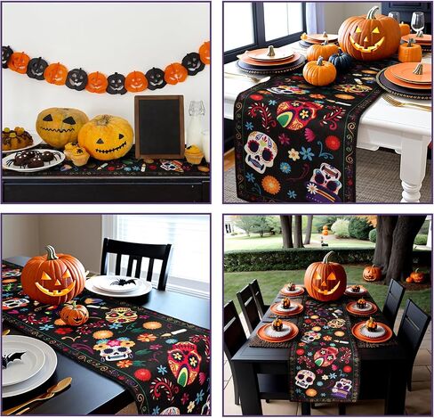 OurWarm Halloween Table Runner 72 Inches Long, Vintage Skull Bat Black Burlap Halloween Table Runners Skeleton Burlap Day of Dead Table Decor for Kitchen Holiday Indoor Home Party in Saudi Arabia