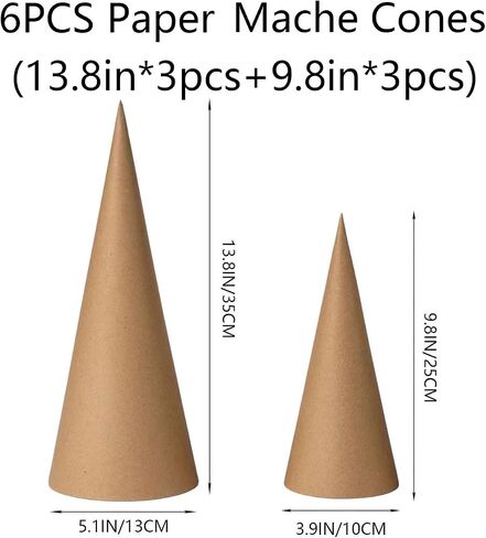 Ruisky 6PCS Paper Mache Cones(Two Sizes), Open Bottom Cardboard Craft Cones for DIY Art Projects,Halloween and Christmas Tree Decorations (Brown) in Saudi Arabia