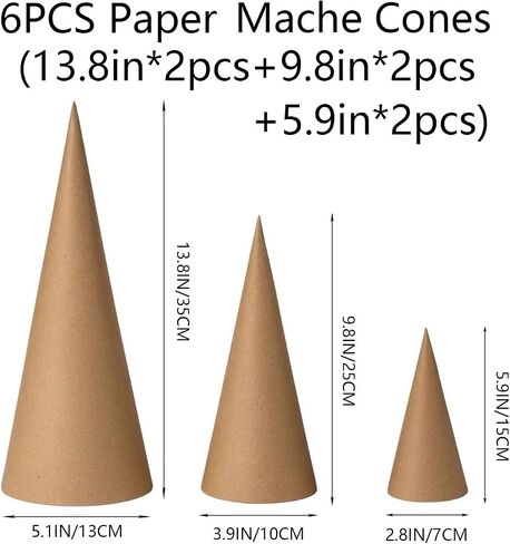 Ruisky 6PCS Paper Mache Cones(Two Sizes), Open Bottom Cardboard Craft Cones for DIY Art Projects,Halloween and Christmas Tree Decorations (Brown) in Saudi Arabia