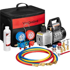 VIVOHOME 110V 1/4 HP 3.5CFM Single Stage Rotary Vane Air Vacuum Pump and AC Manifold Gauge Set Kit with Thermometer for R134a R12 R22 R502 R410a HVAC Air Conditioning Refrigeration Recharging, Black