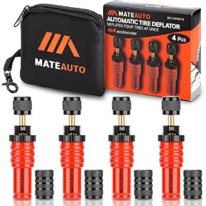 Automatic Tire Deflator Kit, 4 Piece Adjustable Auto Air Down Tire Deflators, 10-30 PSI Screw-on Tyre Air Down Tool for Offroad 4x4 (4 Piece Red)