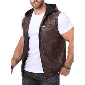 FANARCHER Men's Vintage Faux Leather Vest Jacket Zip-up Classic Hipster Vest with Hood Sleeveless Jacket