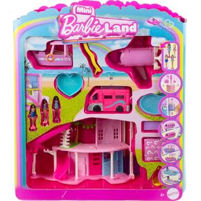 Barbie Mini BarbieLand DreamHouse & 3-Vehicle Playset with 4 1.5-Inch Dolls, Doll House Furniture & Accessories, Includes DreamCamper, Boat & Plane