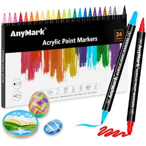 24 Colors Acrylic Paint Markers, Dual Tip Premium Acrylic Paint Pens for Stone, Wood, Calligraphy, Canvas, Ceramic, Metal, Glass, Rock Painting, DIY Crafts