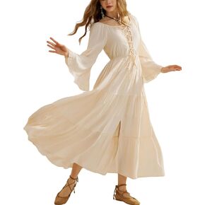 Scarlet Darkness Women's Renaissance Dress Bell Sleeve Elastic Tiered Flowy Long Dresses with Pockets