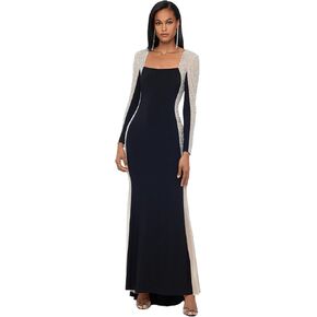 Xscape Women's Square Neck Long Sleeve Beaded Contour Gown