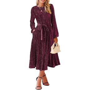 Happy Sailed Women's Velvet Formal Maxi Dress Fall Fashion Lantern Sleeve High Waist A-Line Cocktail Party Dresses with Belt