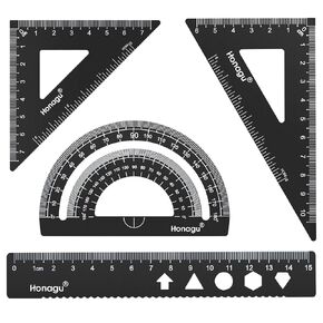 Honagu Triangular Ruler Set, 4 Pieces Aluminum Alloy Ruler, Metal Drafting Ruler, Geometric Protractor for Student,Draftsman, Engineers, Home School Office Supplies (20cm/7.87inch, Pink)