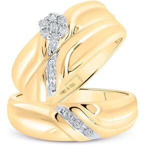 His and Hers Bridal Womens and Mens Engagment and Wedding Band Complete Trio Matching Wedding Rings Set Yellow-tone 925 Sterling Silver Round Diamond 1/6 Cttw
