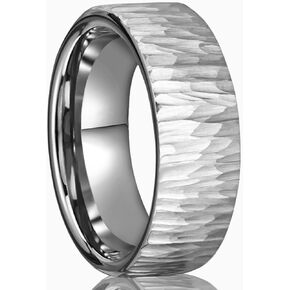 Tungsten Carbide Ring for Men Women 8mm Silvery Hammered Bark Textured Classic Men's Wedding Bands Polished Comfortable Fit Suitable for Party Anniversary