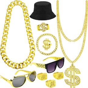 80s 90s Hip Hop Costumes Outfit for Men Rapper Accessories Kit 10 Piece Includes Fake Gold Chains Money Necklace Imitation Gold Rope Chain Bracelet Hat Sunglasses Dollar Ring Halloween Party Costume in Kuwait