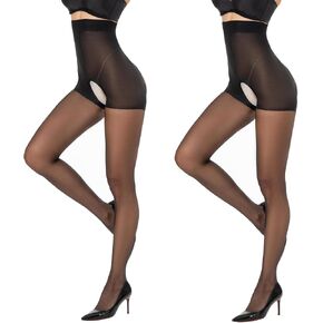 Yilanmy Crotchless Pantyhose for Women Tummy Control 12D High Waist Sheer Tights Controp Top Pantyhose 2 Pairs