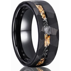 Black Hammered Tungsten Carbide Rings for Men Women 8mm Engagement Wedding Bands Matte Brushed Inlaid Gold Foil Meteorite Fragments Comfortable Fit