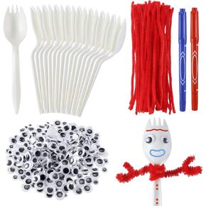 Relaxgiant Fork Creative Set, 50 Set DIY Fork Creativity Kit, Plastic Spork Red Pipe Cleaners Self Adhesive Wiggle Googly Eyes Make Your Own Craft Kit