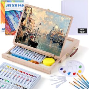 54 Pieces Watercolor Paint Set with Portable Wood Easel, Complete Starter Painting Art Supplies with Watercolor Paints, Canvases, Sketch Pads, Brushes and Palette for Adults Teens Kids Beginners