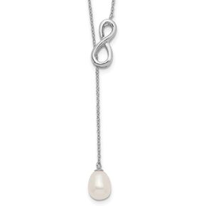 925 Sterling Silver 7mm Freshwater Cultured Pearl Infinity Twisted Love Knot Symbol Lariat Drop Chain Necklace